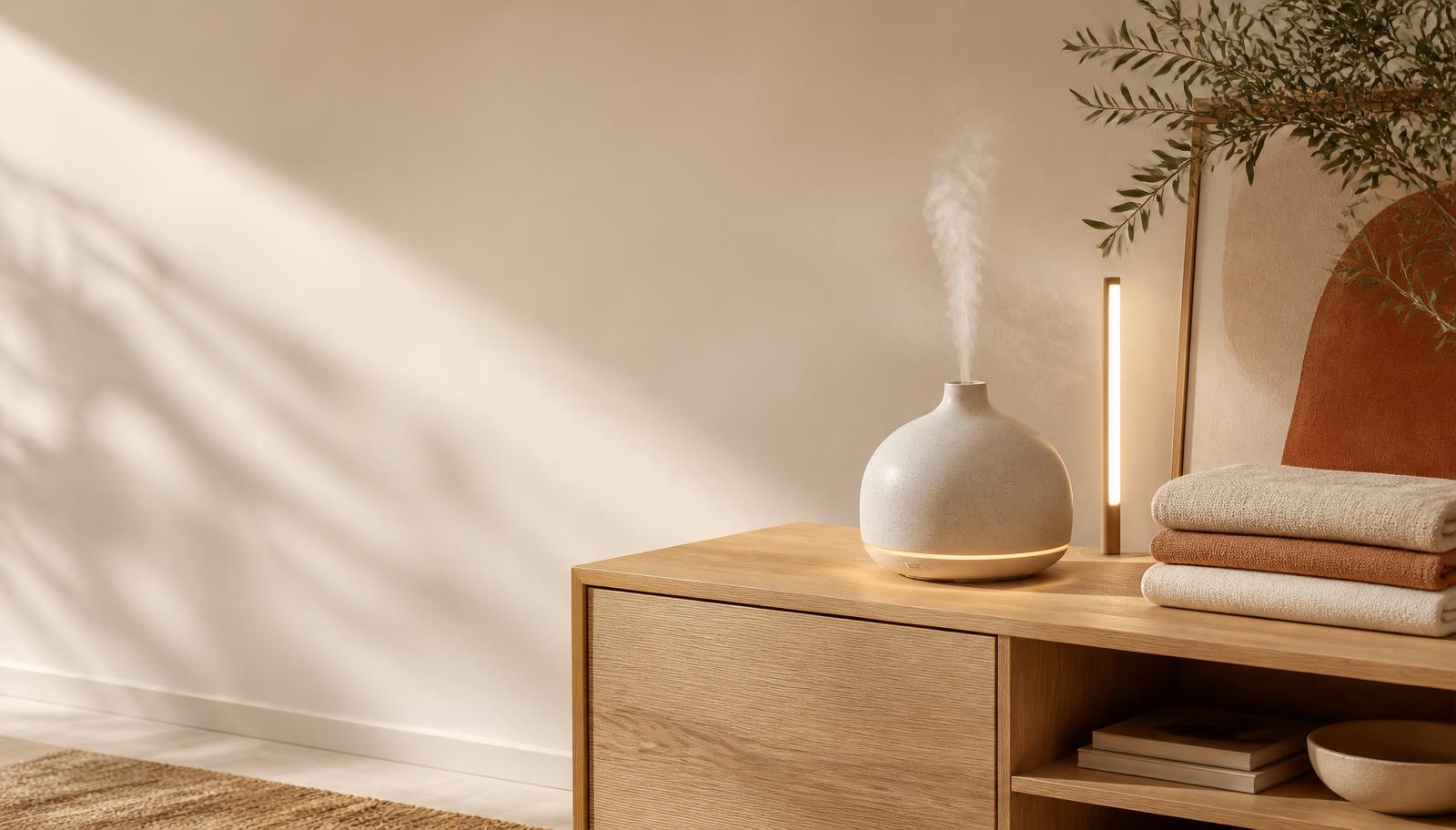 Warm sunlit console with a Viventi diffuser, light bar and folded linens